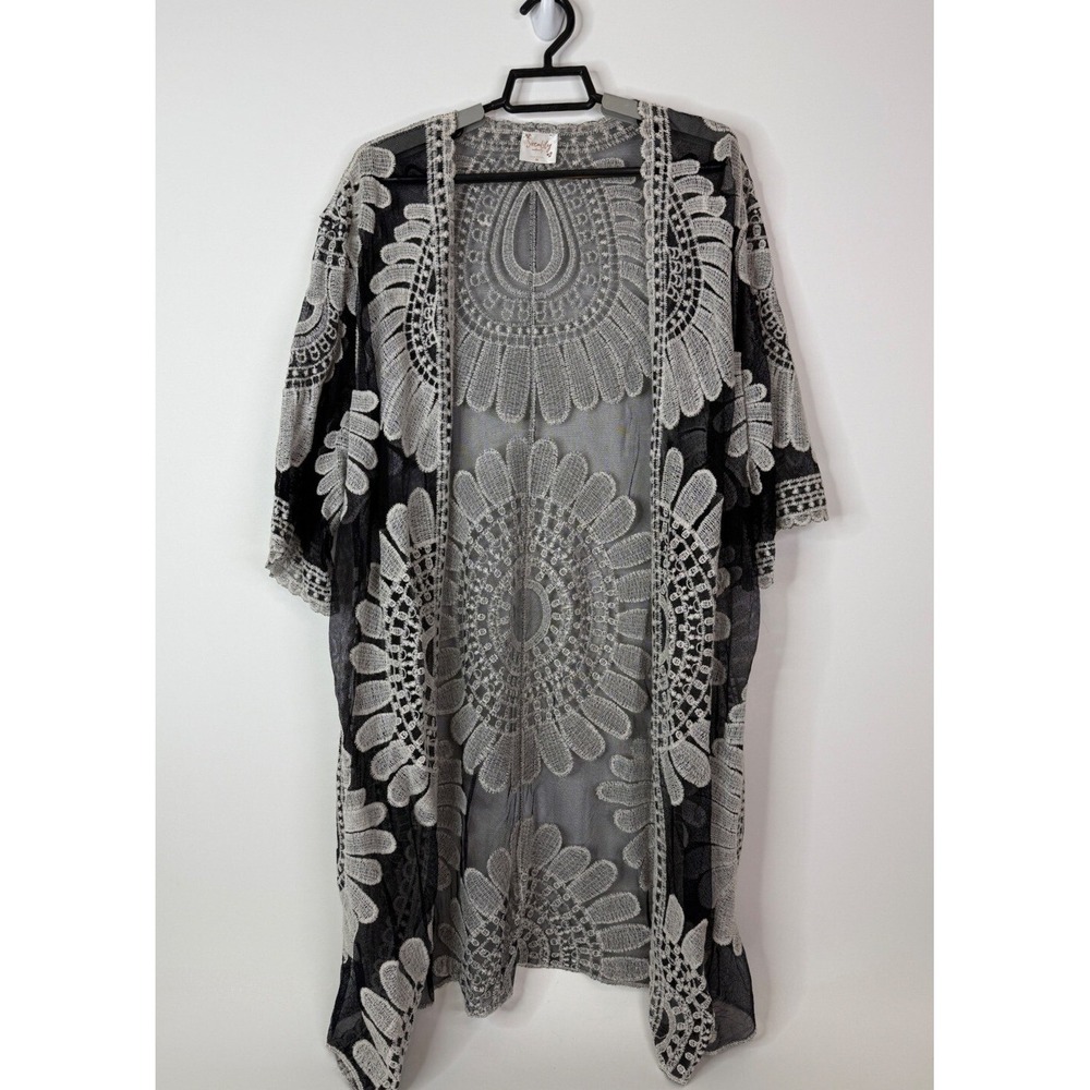SirenLily Maternity Kimono Cardigan Women's Medium Sheer Embroidered Boho Black